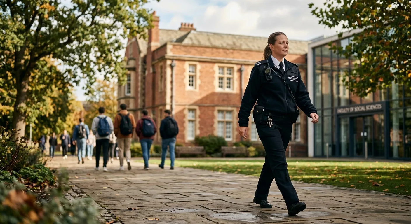 Security officer on patrol across a UK university campus