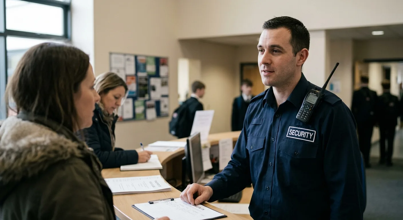 Security officer at a UK school reception checking in a visitor