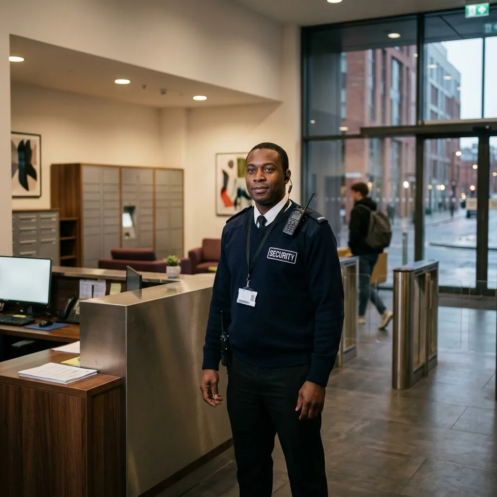 Security officer at the reception desk of a modern UK student accommodation building