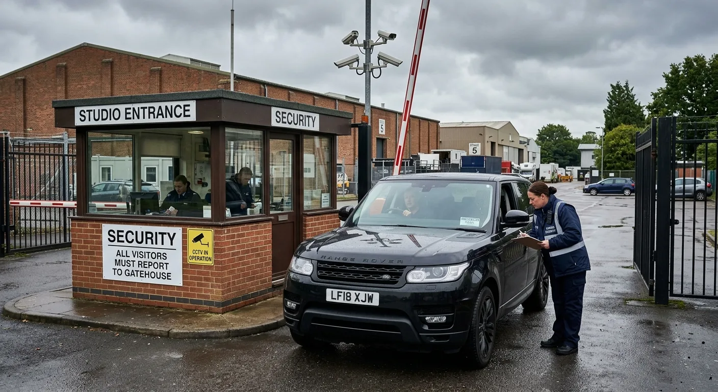 HSU officer at a UK film studio gatehouse checking vehicle access