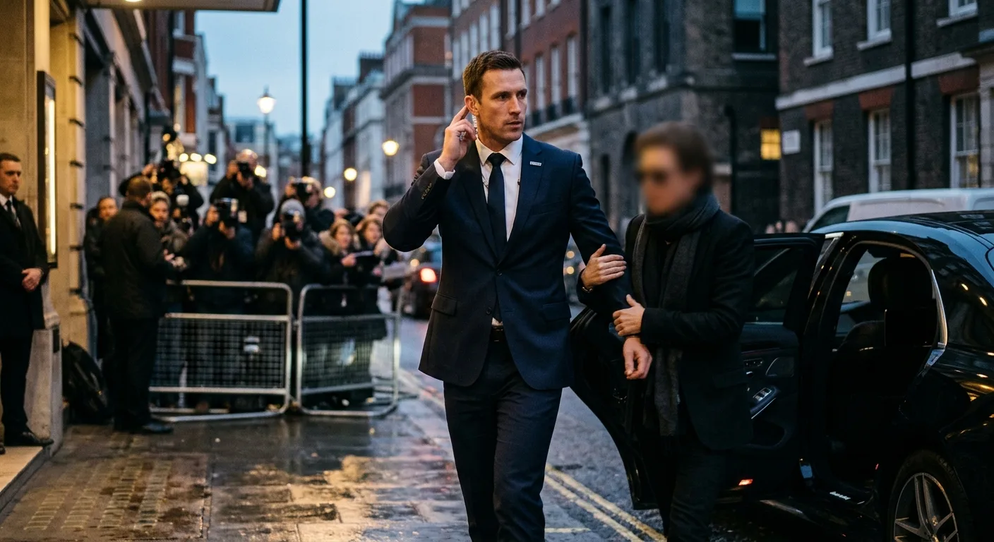 HSU close protection officer escorting talent past paparazzi