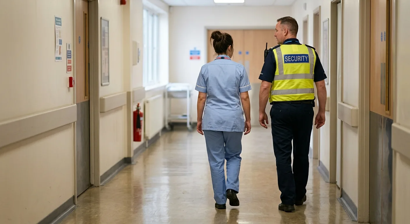 Security officer accompanying a medical staff member in a hospital corridor